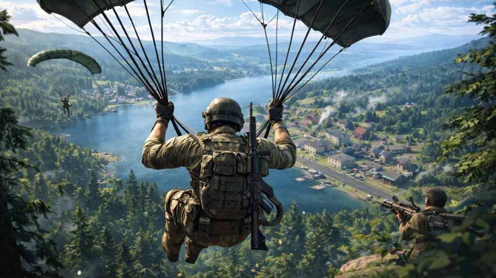 soldat som er ved at lande i et battle royale spil